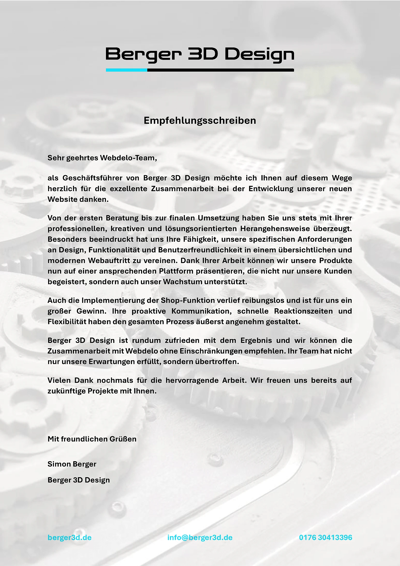 Empfehlungsschreiben Webdelo Berger 3D Design