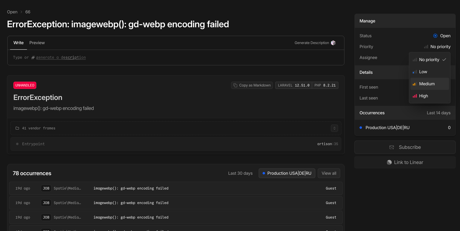 Laravel Nightwatch — детали исключения с трассировкой стека