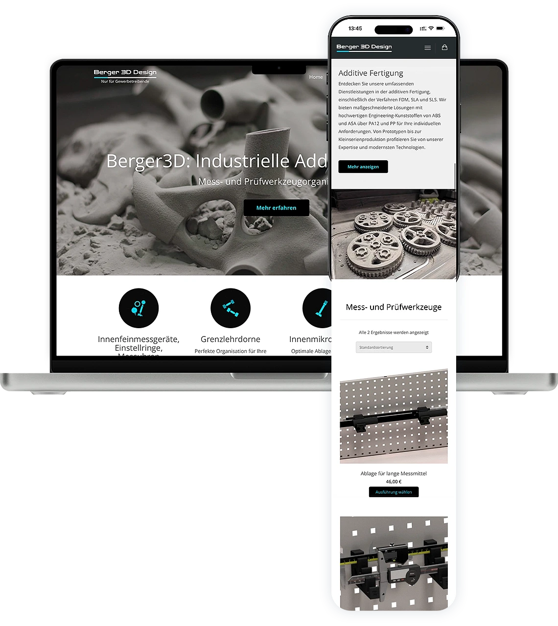 Präsentation der deutschen Version der Berger 3D Design-Website auf einem Laptop und Smartphone