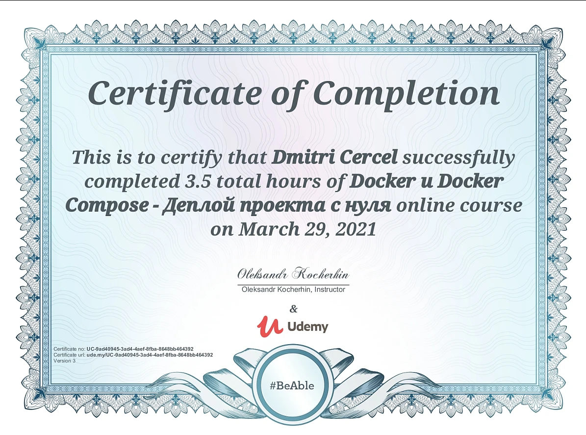 Dmitri Cercel’s Certificate for the Online Course “Docker and Docker Compose”