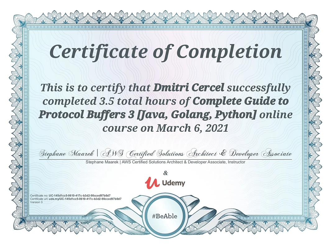 Dmitry Cherchel’s certificate for the online course “Complete Guide to Protocol Buffers 3”