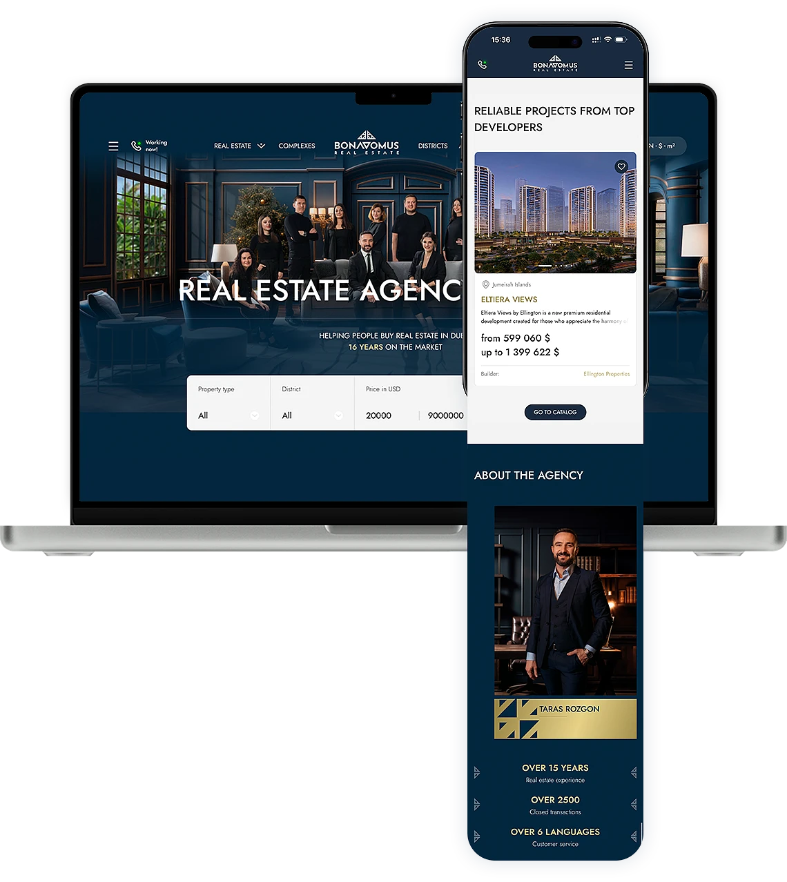 Desktop and mobile versions of the BonaDomus real estate agency website in English