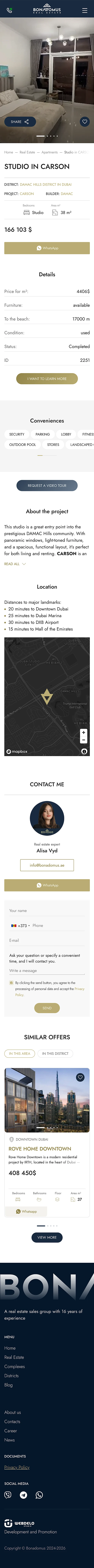 Mobile Ansicht einer Immobilienseite mit Fotos, Details, Lagekarte und Kontaktformular