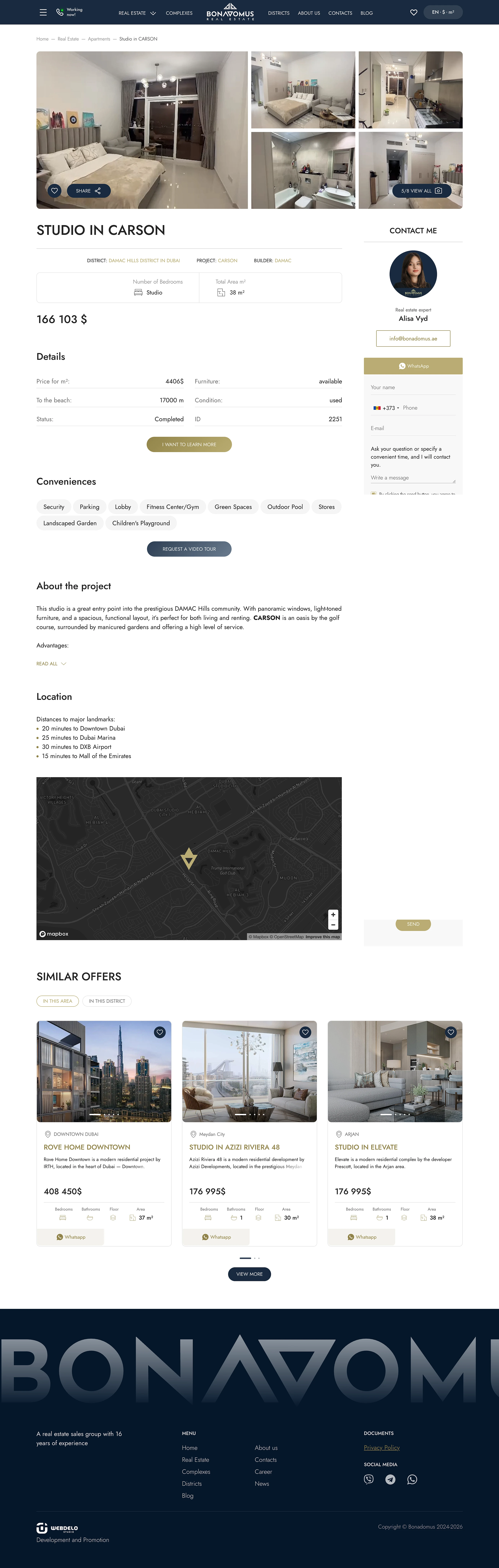 Desktop-Ansicht einer Immobilienseite mit Fotos, Details, Ausstattung und Lagekarte