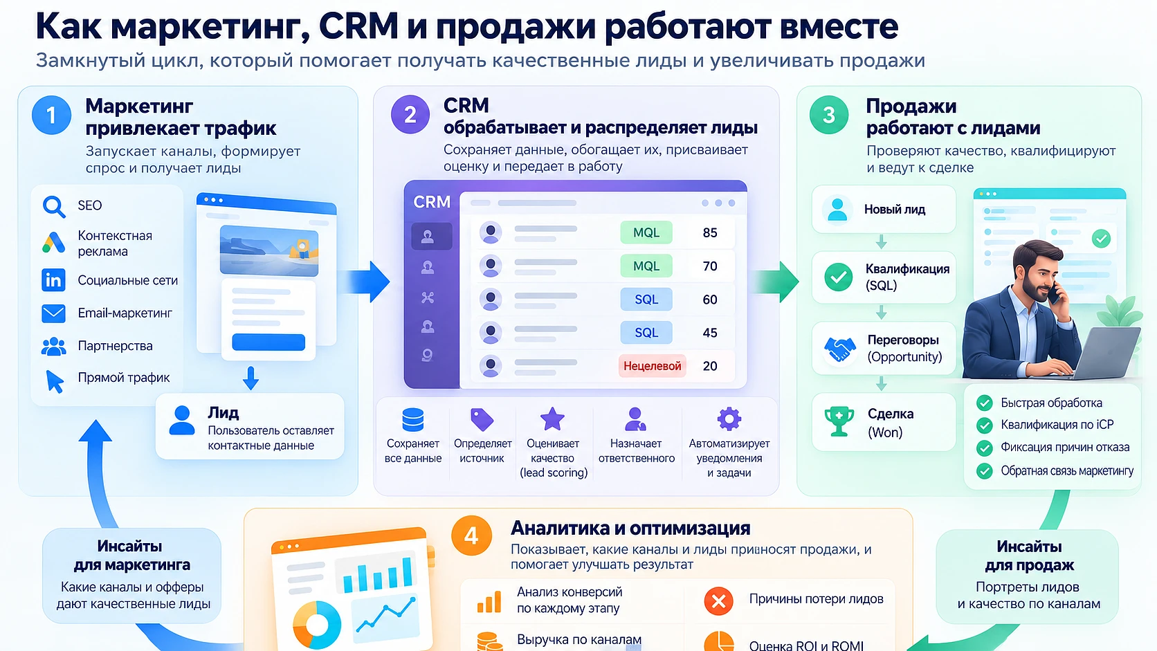 Маркетинг, CRM, продажи и аналитика связаны циклом обратной связи о качестве лидов