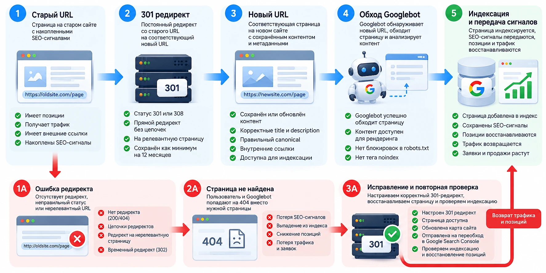 Редирект со старого URL на новую страницу, обход Googlebot, индексация и отдельная ветка исправления ошибок